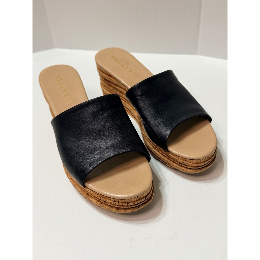 Sesto Meucci Black Leather Cork Wedge Slide Sandals Made in Italy Size 8M